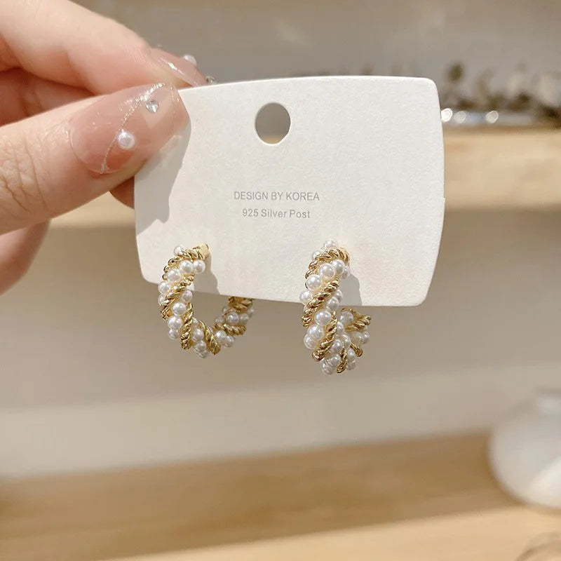Gold Twist Pearl Stud Earrings