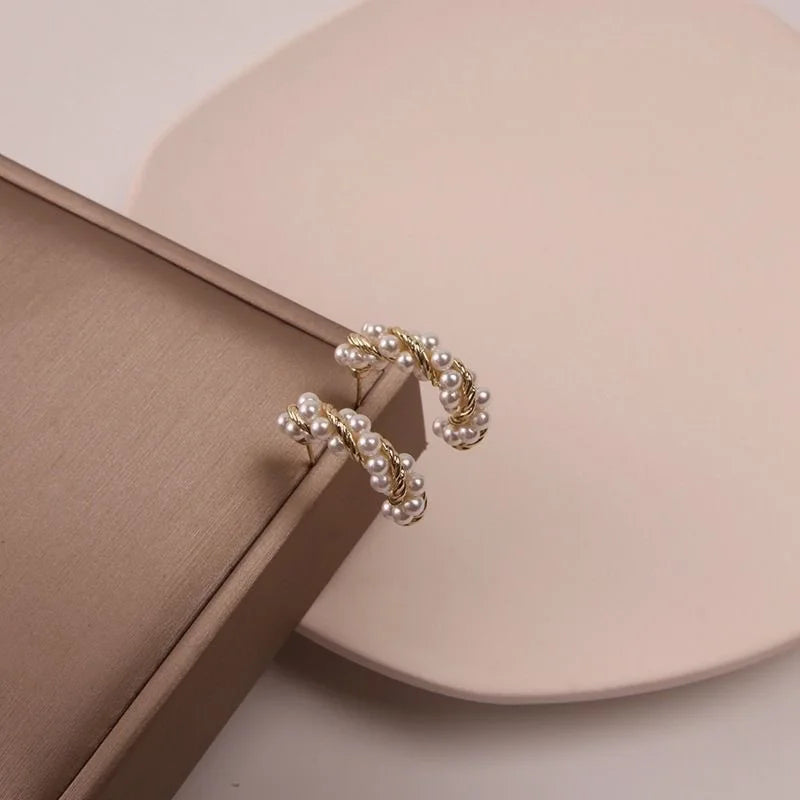 Gold Twist Pearl Stud Earrings