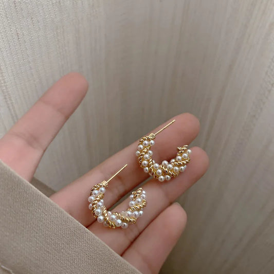 Gold Twist Pearl Stud Earrings